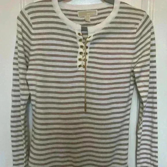 Michael Kors Tan & White Striped Sweater with chain closure - Picture 1 of 4
